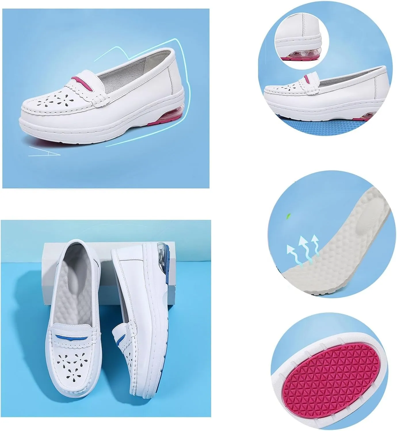 Lightweight Comfortable Nurse Shoes, Women's Slip-On Breathable Hollow Out Soft Bottom Leather Nurse Shoes, Fashionable Platform Orthopedic Slip Resistant Non Tiring Feet