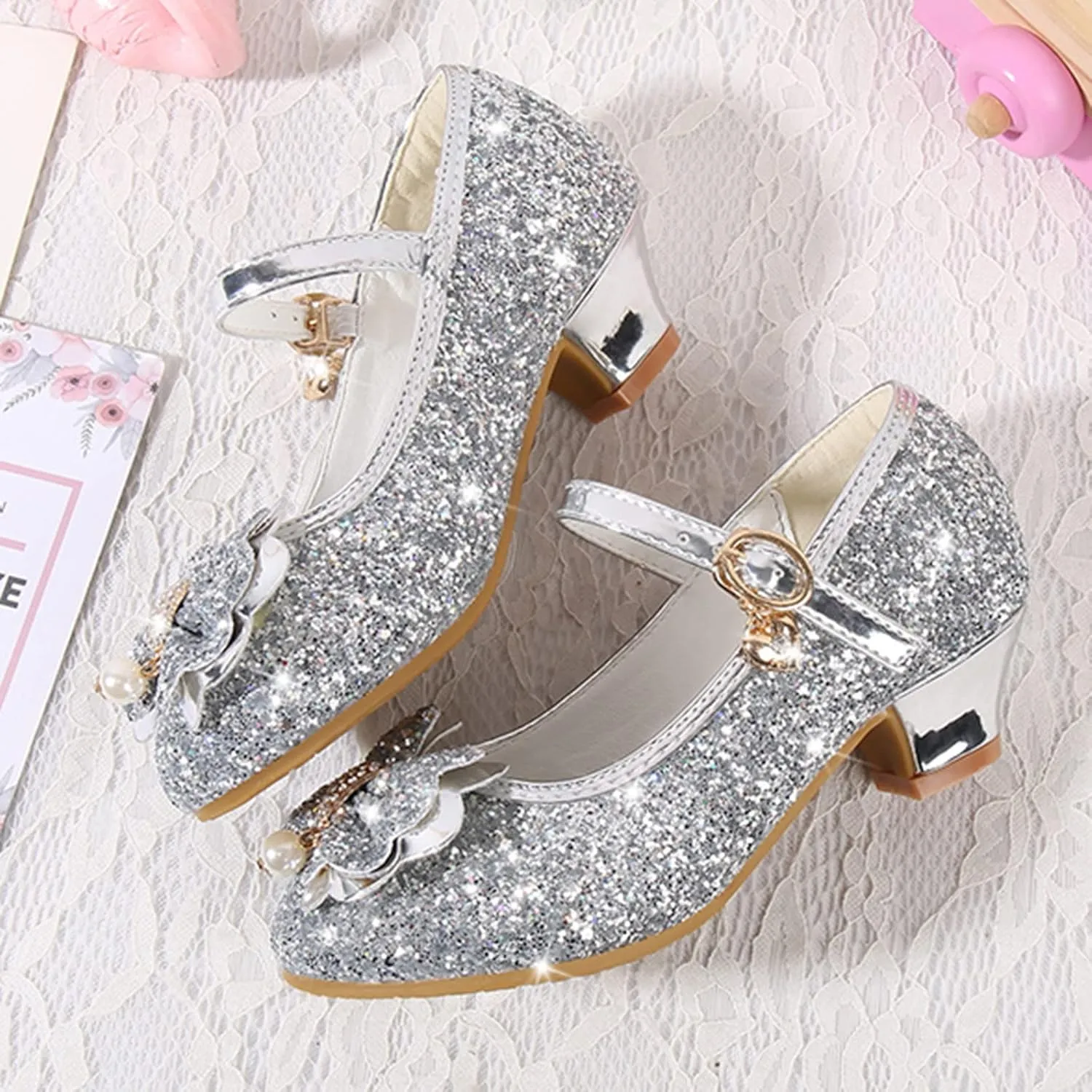 Little Girls Dress Pumps Glitter Sequins Low Heels Mary Jane Kids Party Dance Shoes Rhinestone Sandals