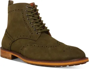 Madden Mens Olive Green Brogue Detailing Lace-Up Front Heel Pull-Tab Padded Remppr Wingtip Toe Block Heel Zip-Up Boots 11.5