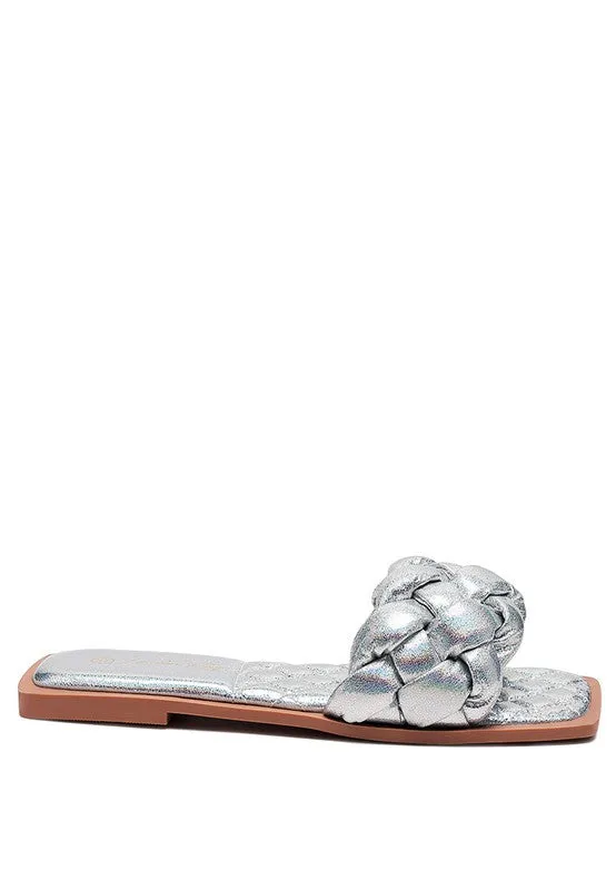 Marcue Patent PU Quilted Slides IN Woven Straps