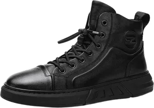 Men's Boots High Top Water Proof Round Toe Laced Up Casual Shoes Trendy and Versatile Vintage Leather British Stylish Custom All Black Synthetic PU Leather Sneakers