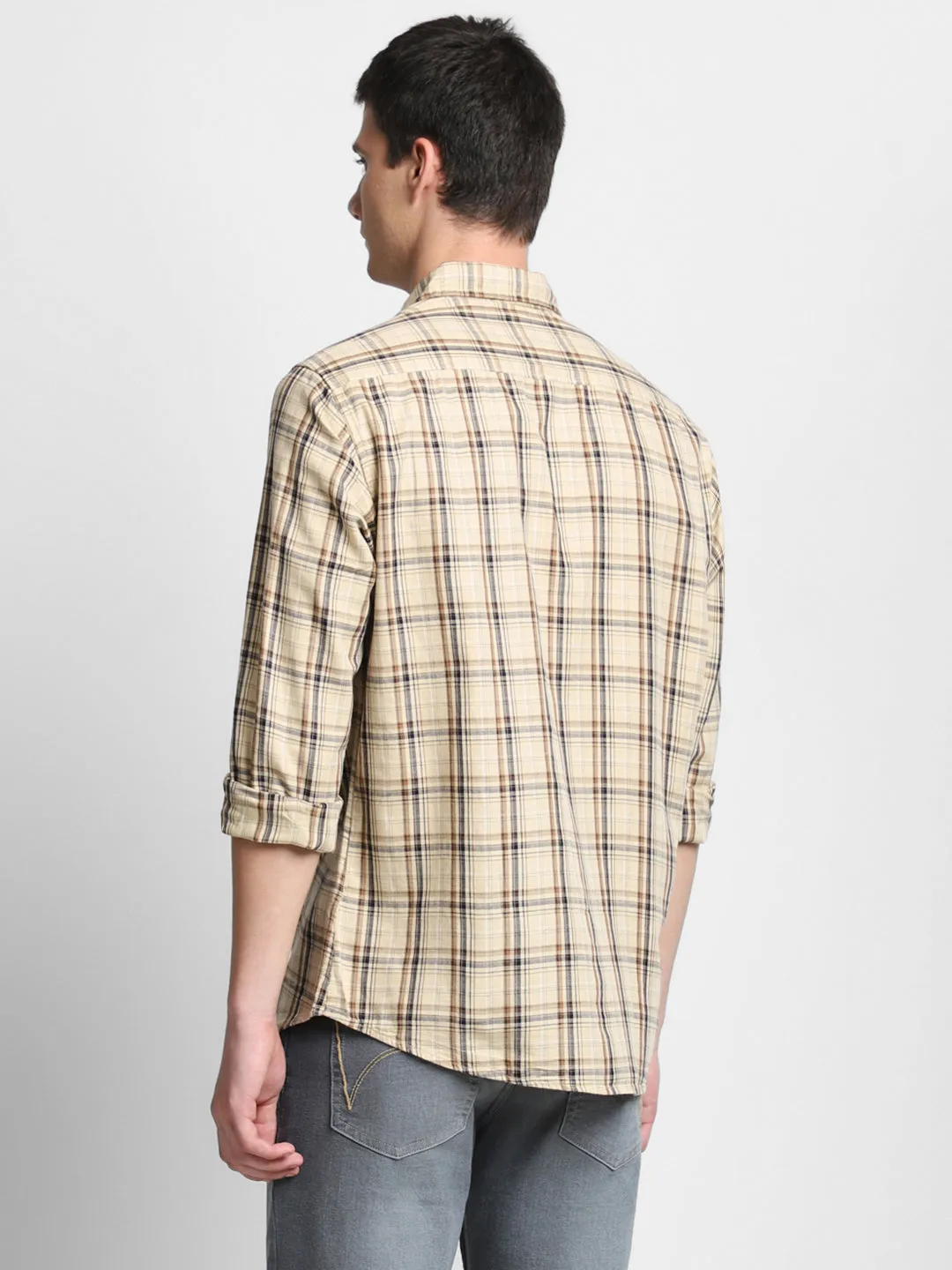Men's Checks Khaki Spread Collar Casual Shirt