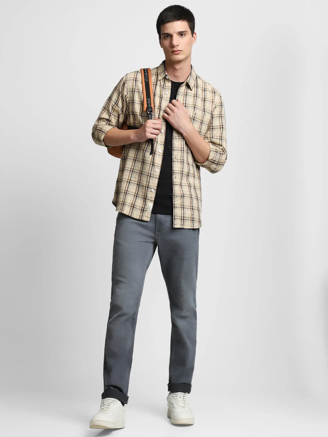 Men's Checks Khaki Spread Collar Casual Shirt