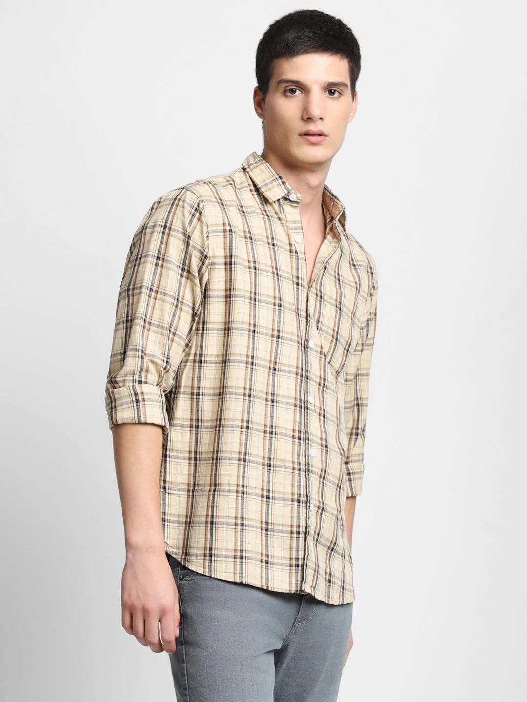 Men's Checks Khaki Spread Collar Casual Shirt