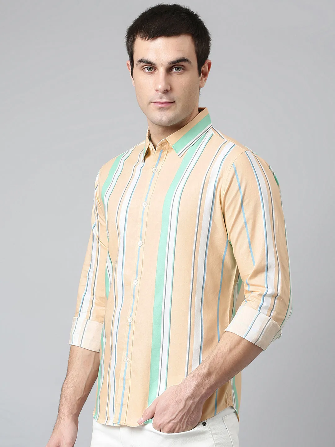 Men's Cotton Printed Peach Slim Fit Casual Shirt