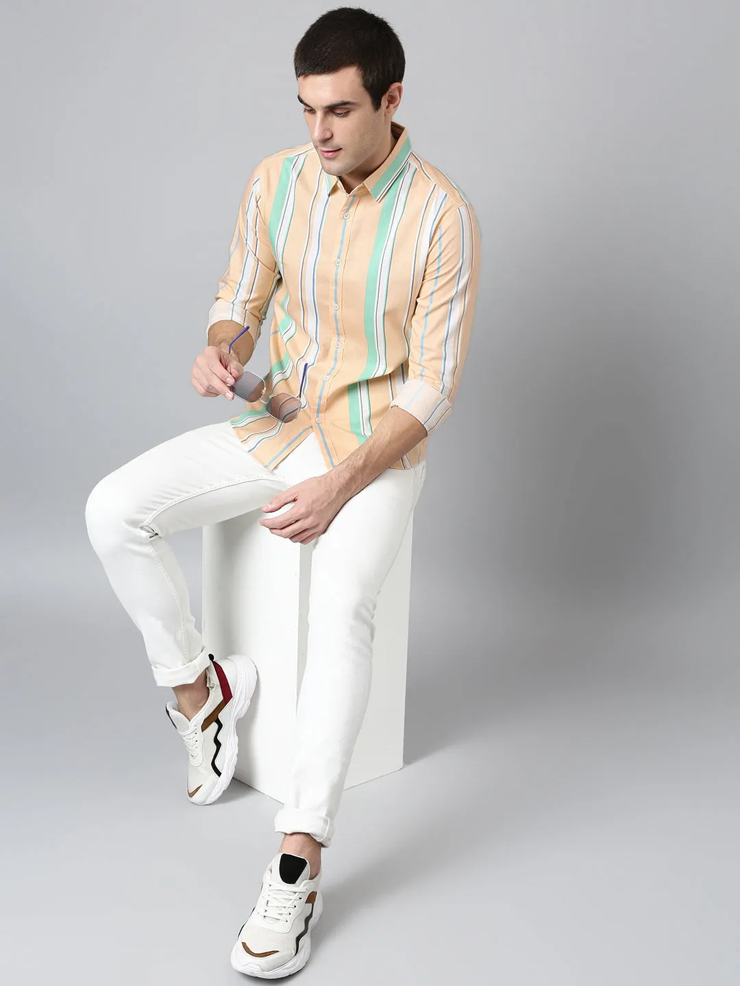 Men's Cotton Printed Peach Slim Fit Casual Shirt
