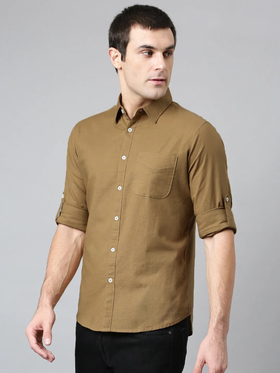 Men's Cotton Solid Brown Slim Fit Casual Shirt