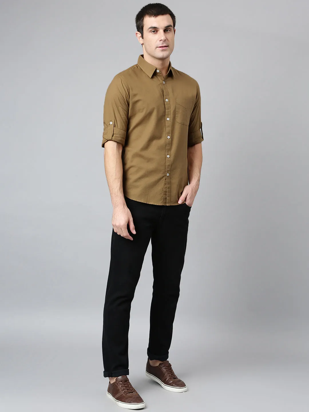 Men's Cotton Solid Brown Slim Fit Casual Shirt