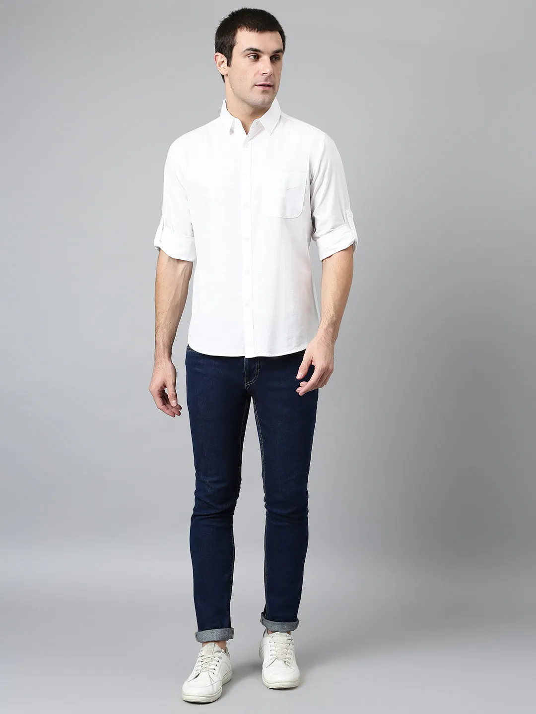 Men's Cotton Solid Slim Fit Casual Shirt With Pocket Roll Up Full Sleeve Shirt For Formal & Casual Wear