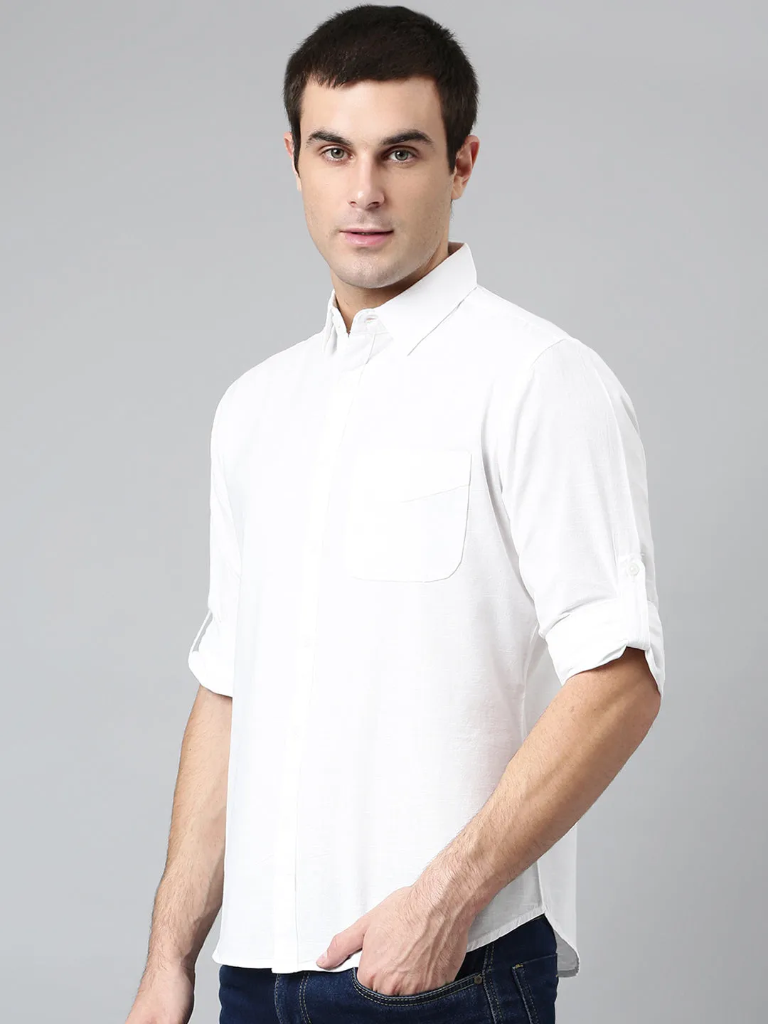 Men's Cotton Solid Slim Fit Casual Shirt With Pocket Roll Up Full Sleeve Shirt For Formal & Casual Wear