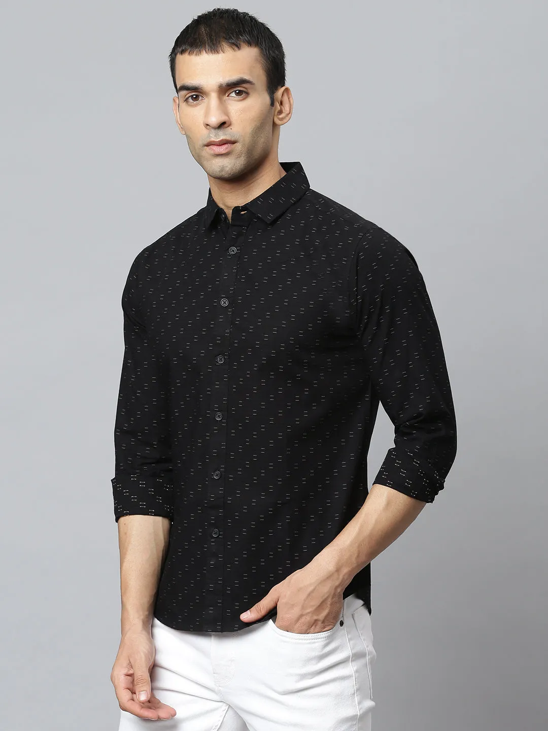 Men's Dobby Design White Slim Fit Shirt (Black)