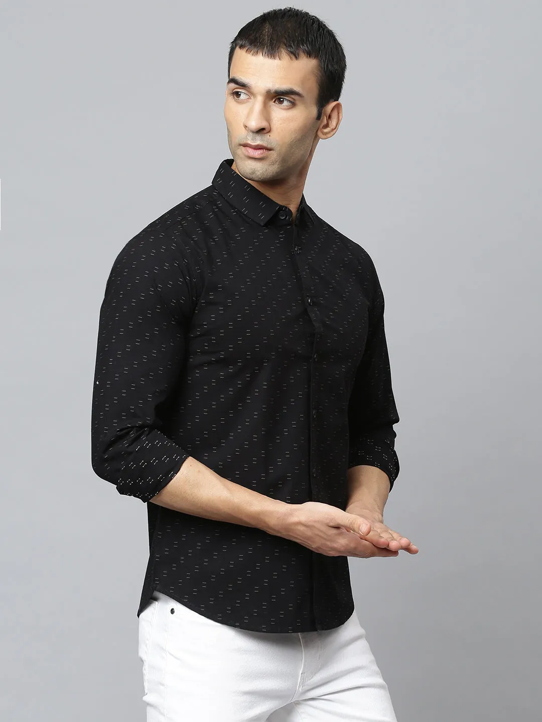 Men's Dobby Design White Slim Fit Shirt (Black)