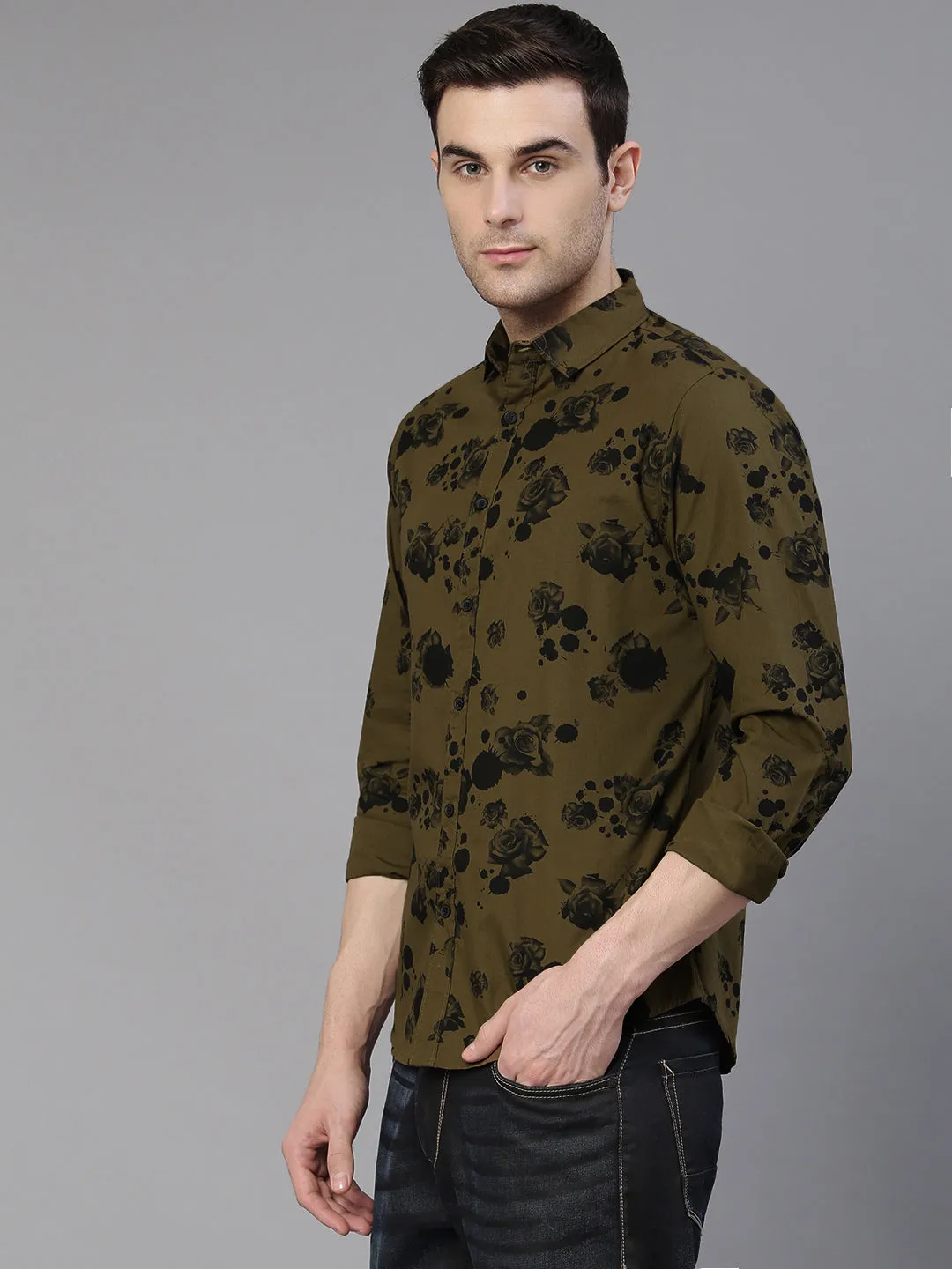 Men's Floral Printed Slim Fit Casual Shirt (Olive)