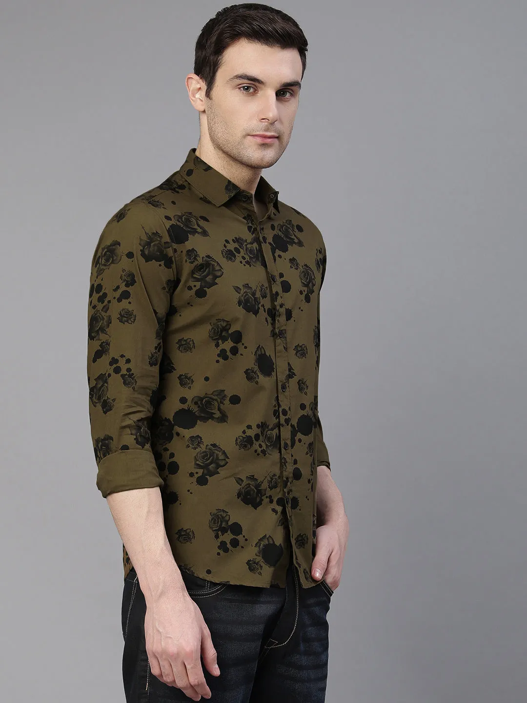 Men's Floral Printed Slim Fit Casual Shirt (Olive)