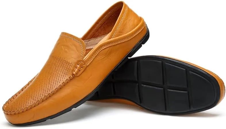 Men's Genuine Leather Loafers, Slip-on Driving Moccasins, Casual Flats, Brown,Blue,Black