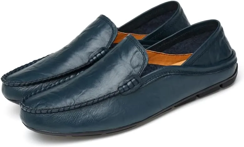 Men's Genuine Leather Loafers, Slip-on Driving Moccasins, Casual Flats, Brown,Blue,Black