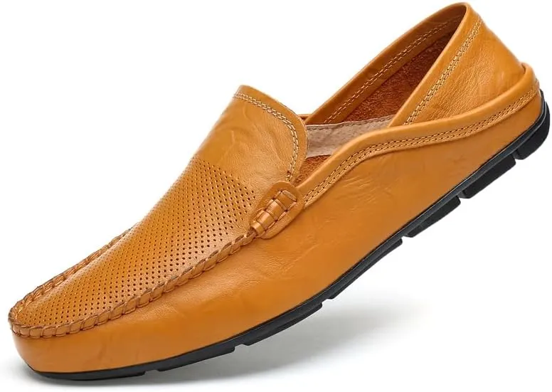 Men's Genuine Leather Loafers, Slip-on Driving Moccasins, Casual Flats, Brown,Blue,Black