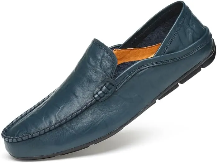 Men's Genuine Leather Loafers, Slip-on Driving Moccasins, Casual Flats, Brown,Blue,Black