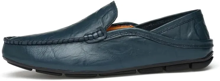 Men's Genuine Leather Loafers, Slip-on Driving Moccasins, Casual Flats, Brown,Blue,Black