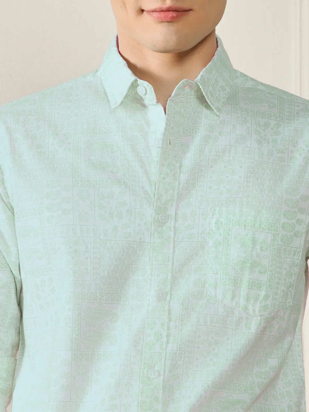 Men's Green Ethnic Motifs Printed Cotton Slub Casual Shirt