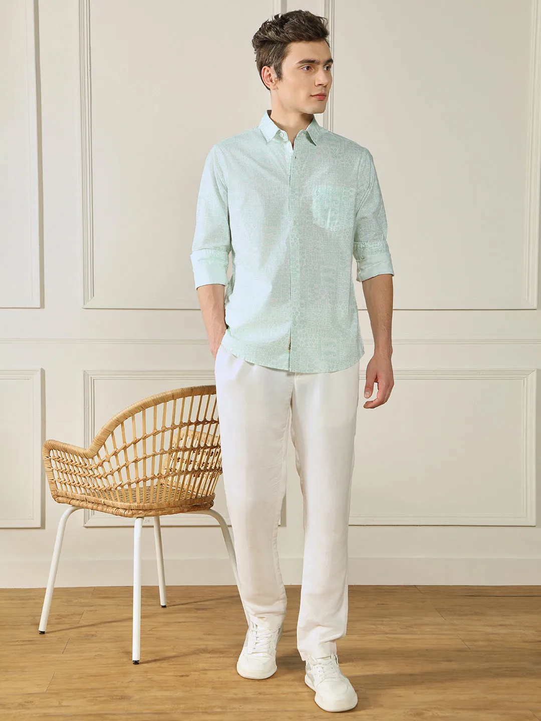Men's Green Ethnic Motifs Printed Cotton Slub Casual Shirt