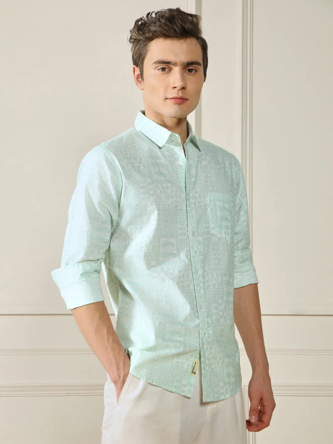 Men's Green Ethnic Motifs Printed Cotton Slub Casual Shirt