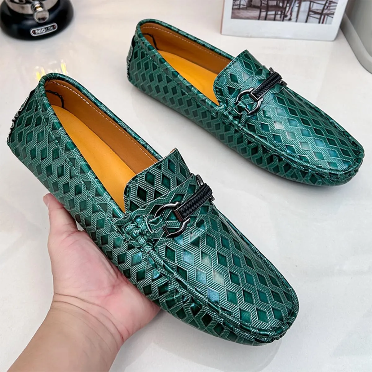 Men's Leather Loafers Black Slip-On Design Driving Loafers with Buckle Moccasins Shoes 10 Inches