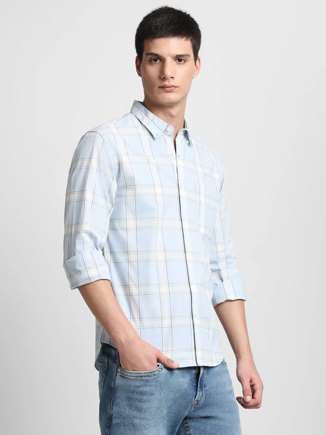 Men's Light Blue Checkered Full Sleeve Casual Shirts