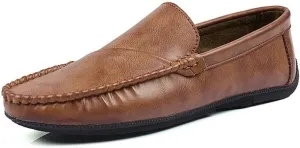 Mens Loafers Round Toe Solid Color Vegan Leather Loafer Shoes Anti-Slip Flexible Slip Resistant Wedding Slip-on(Brown,7.5)