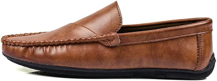Mens Loafers Round Toe Solid Color Vegan Leather Loafer Shoes Anti-Slip Flexible Slip Resistant Wedding Slip-on(Brown,7.5)