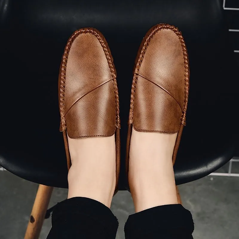 Mens Loafers Round Toe Solid Color Vegan Leather Loafer Shoes Anti-Slip Flexible Slip Resistant Wedding Slip-on(Brown,7.5)