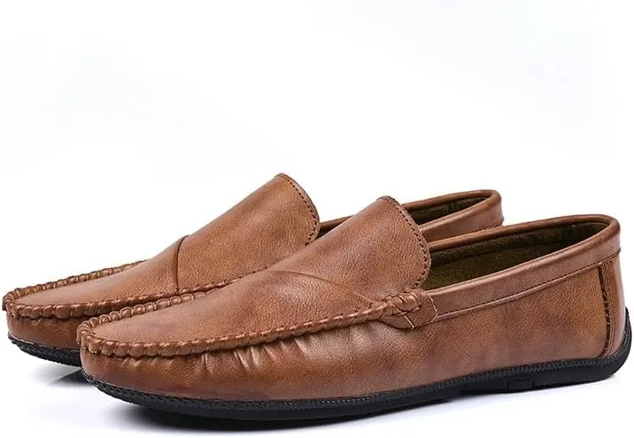Mens Loafers Round Toe Solid Color Vegan Leather Loafer Shoes Anti-Slip Flexible Slip Resistant Wedding Slip-on(Brown,7.5)
