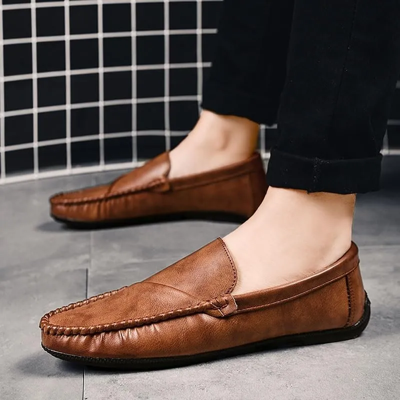 Mens Loafers Round Toe Solid Color Vegan Leather Loafer Shoes Anti-Slip Flexible Slip Resistant Wedding Slip-on(Brown,7.5)