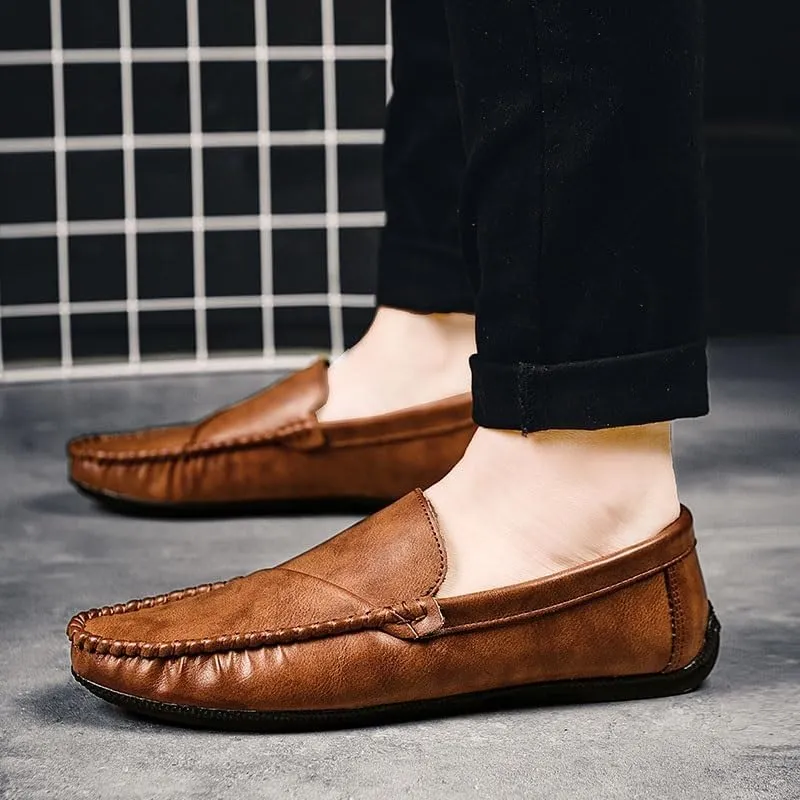 Mens Loafers Round Toe Solid Color Vegan Leather Loafer Shoes Anti-Slip Flexible Slip Resistant Wedding Slip-on(Brown,7.5)