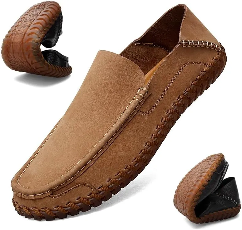 Mens Loafers Shoe Apron Toe Leather Round Toe Loafers Comfortable Flexible Slip Resistant Outdoor Casual Slip-ons