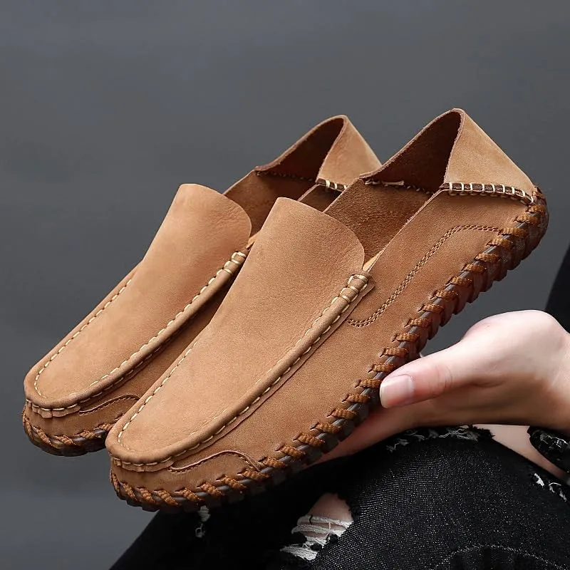 Mens Loafers Shoe Apron Toe Leather Round Toe Loafers Comfortable Flexible Slip Resistant Outdoor Casual Slip-ons