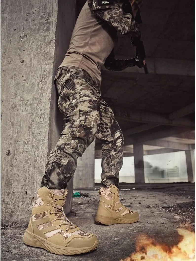 Men's Military Side Zipper Tactical Work Boots, Mens Plus Size High Top Lace Up Breathable Waterproof Military Boots, for Hiking Motorcycle Climbing Non Slip Desert Boots