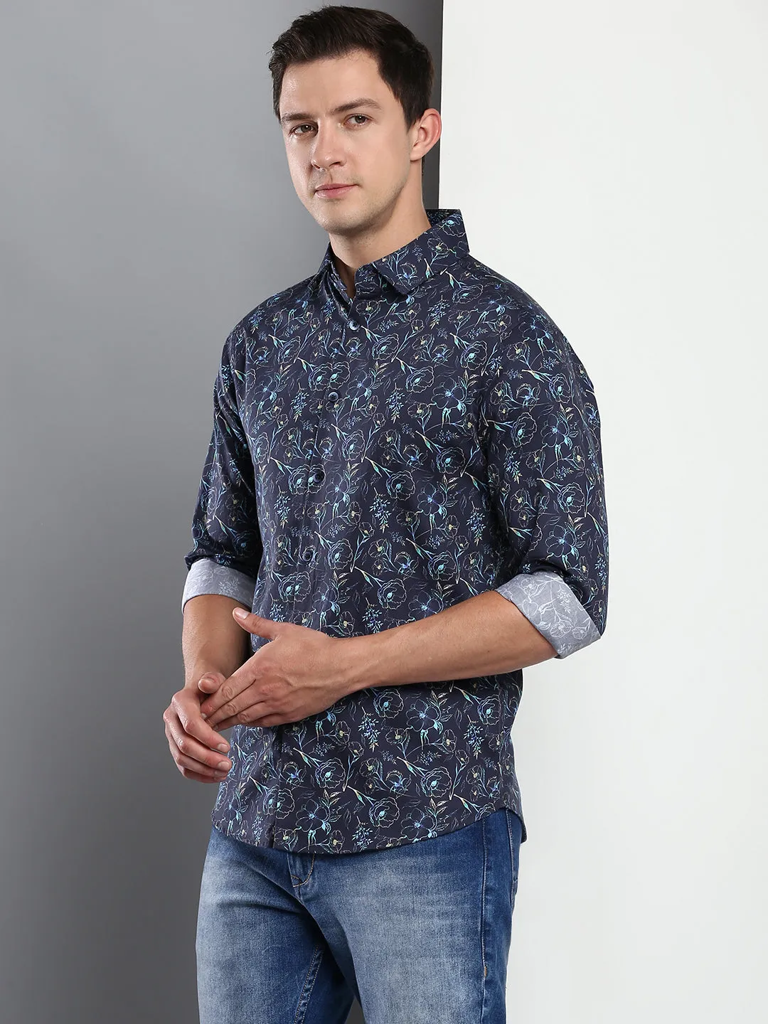 Men's Printed Navy Slim Fit Satin Casual Shirt With Spread Collar & Full Sleeves