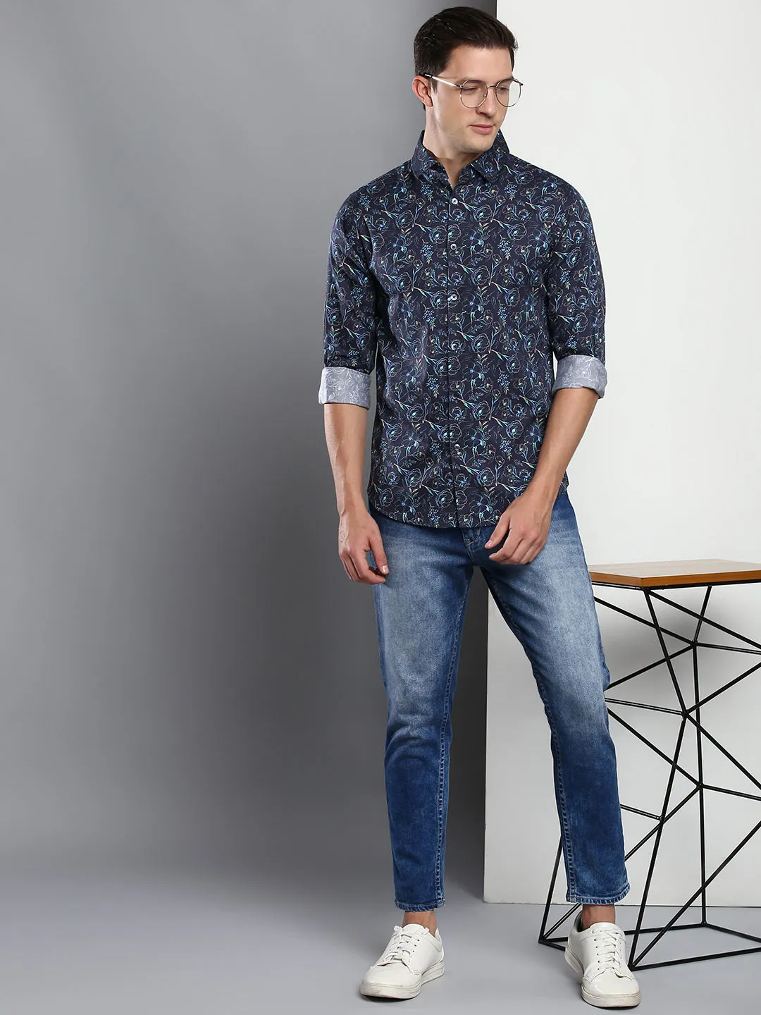 Men's Printed Navy Slim Fit Satin Casual Shirt With Spread Collar & Full Sleeves