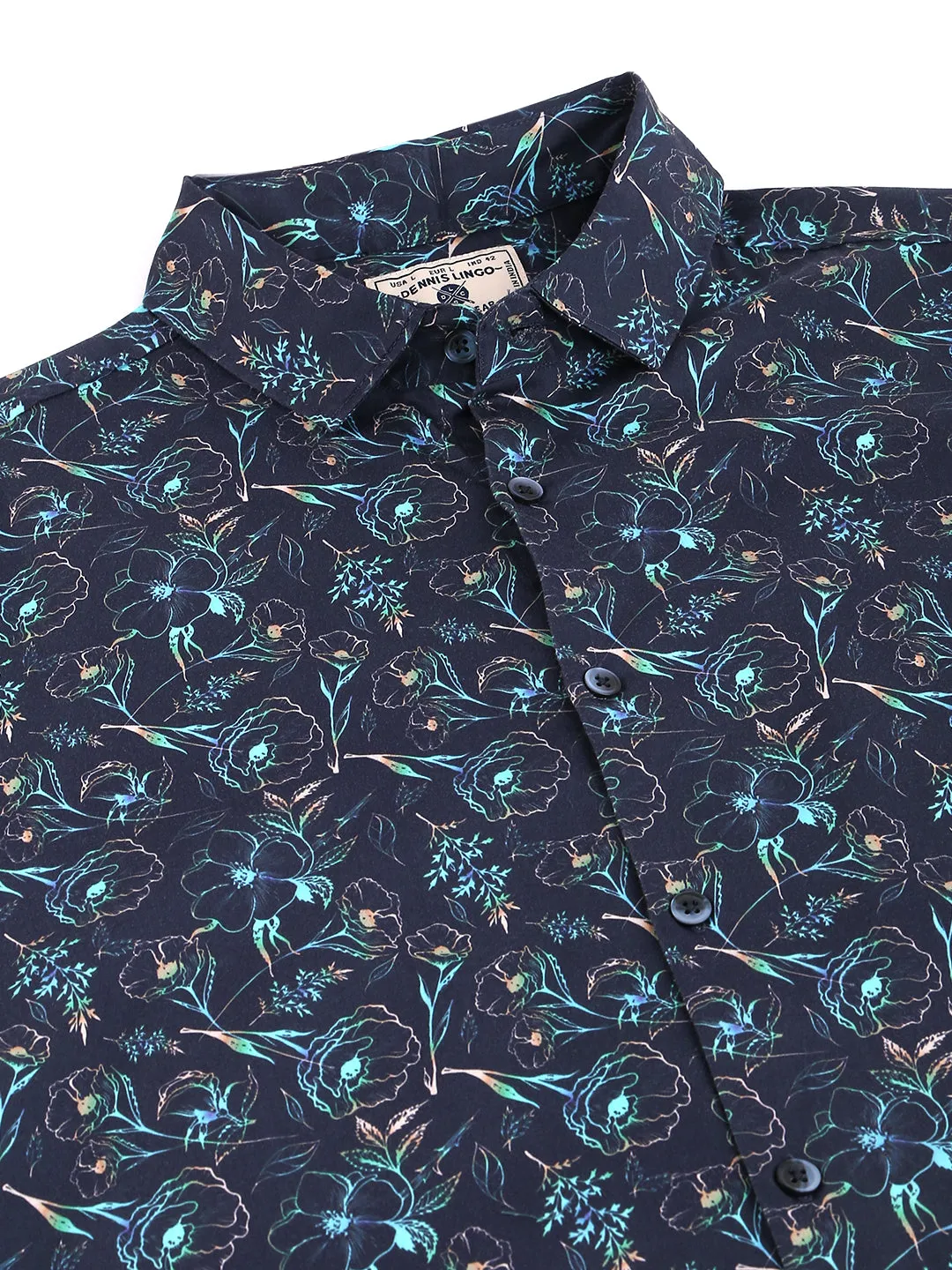 Men's Printed Navy Slim Fit Satin Casual Shirt With Spread Collar & Full Sleeves