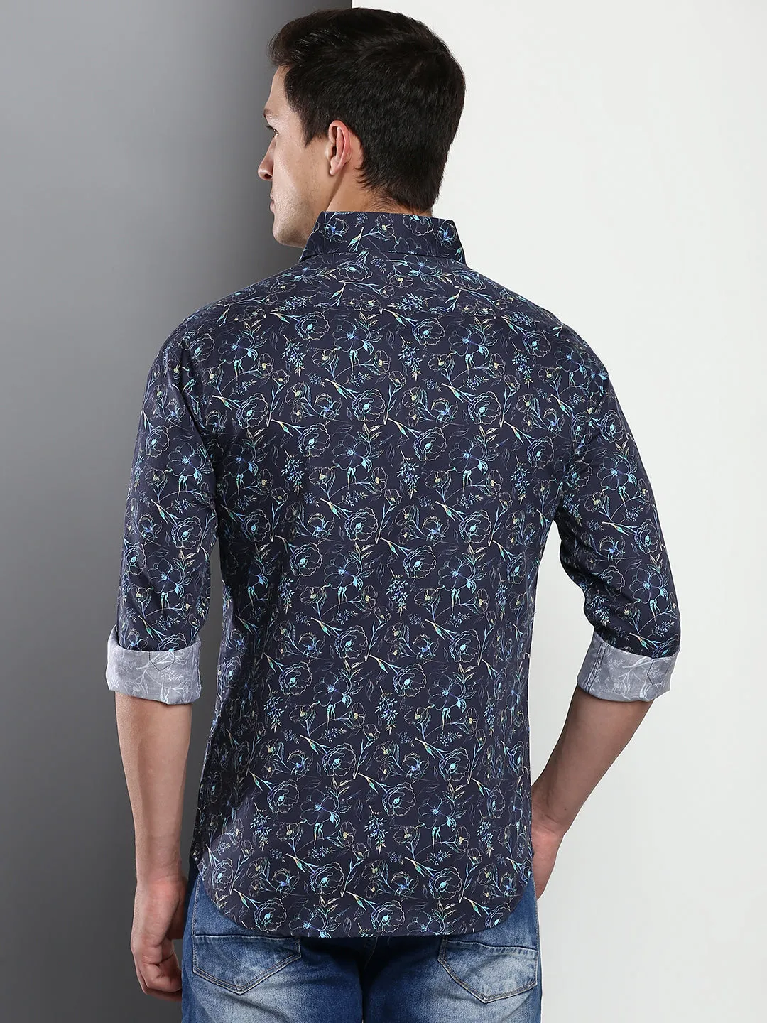 Men's Printed Navy Slim Fit Satin Casual Shirt With Spread Collar & Full Sleeves
