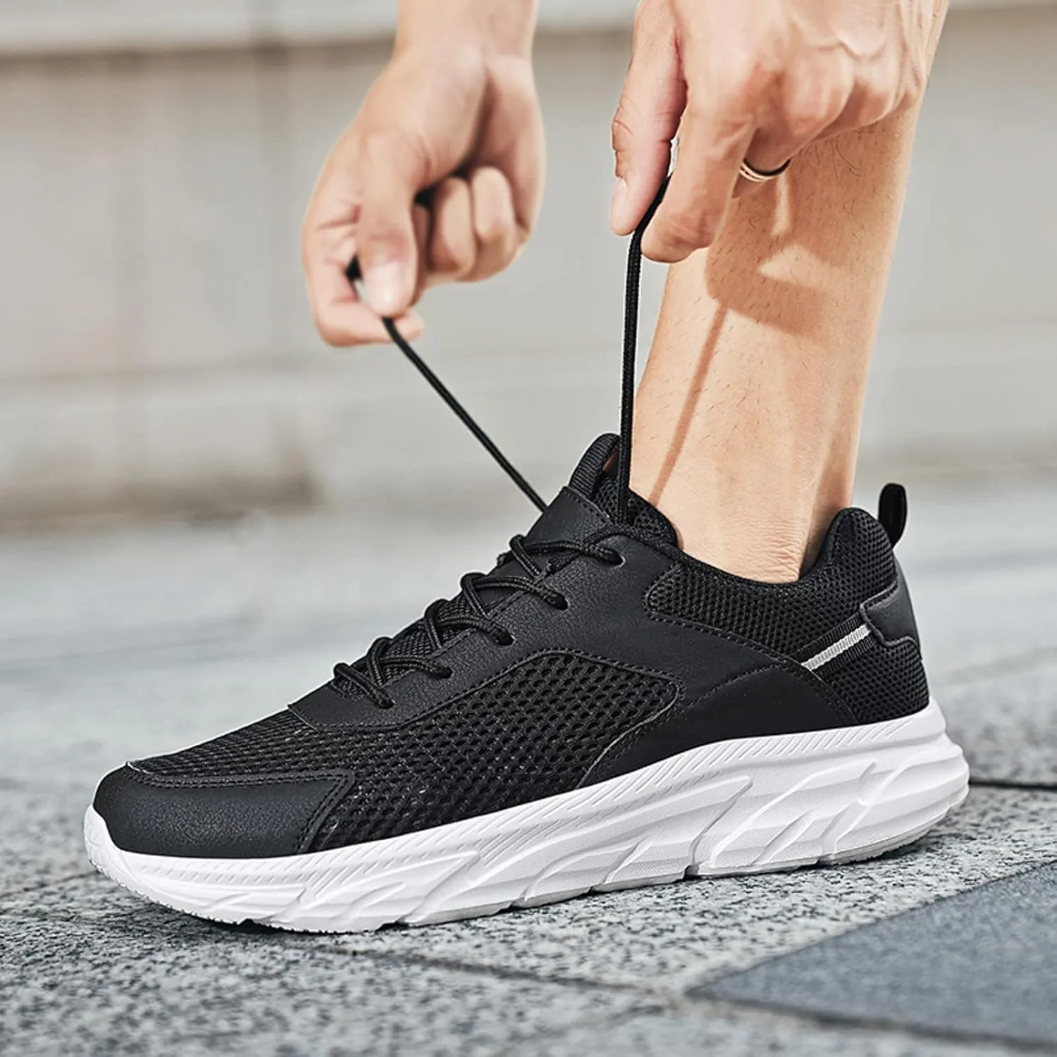 Men's Running Shoes Ultra Lightweight Breathable Walking Shoes Lace Up Non Slip Thick Sole Athletic Fashion Cushion Sneakers Mesh Workout Casual Sports Footwear Daily Work Shoe for Men