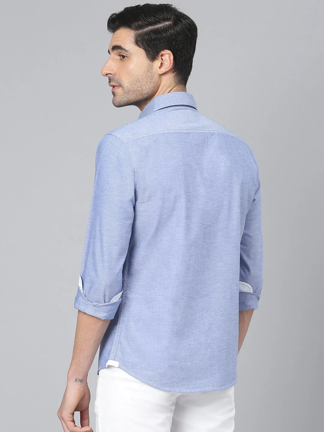 Men's Solid Blue Slim Fit Cotton Casual Shirt