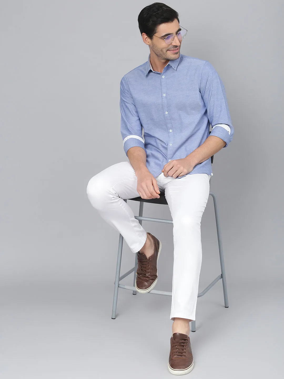 Men's Solid Blue Slim Fit Cotton Casual Shirt