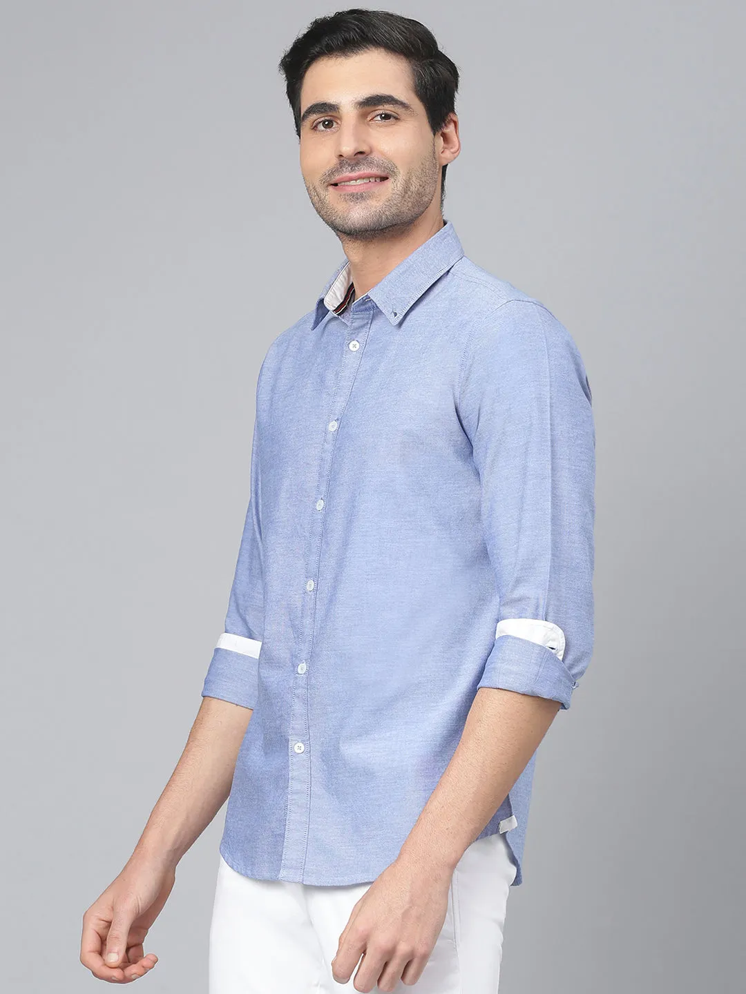 Men's Solid Blue Slim Fit Cotton Casual Shirt