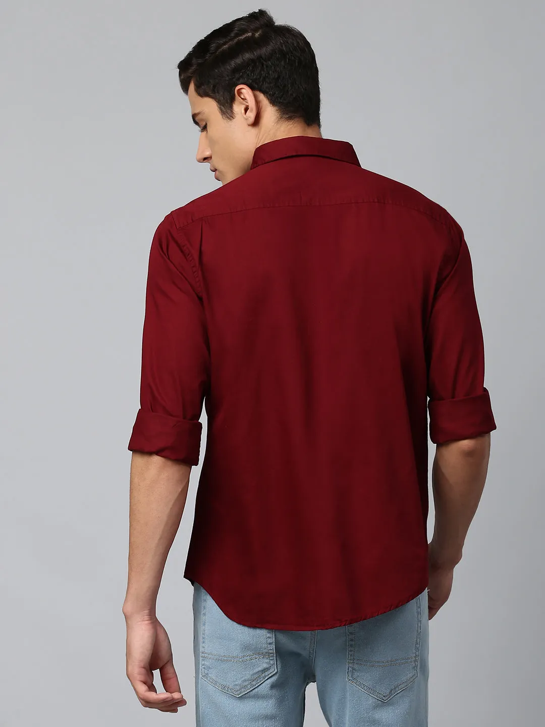 Men's Solid Dark Red Slim Fit Casual Shirt With Spread Collar