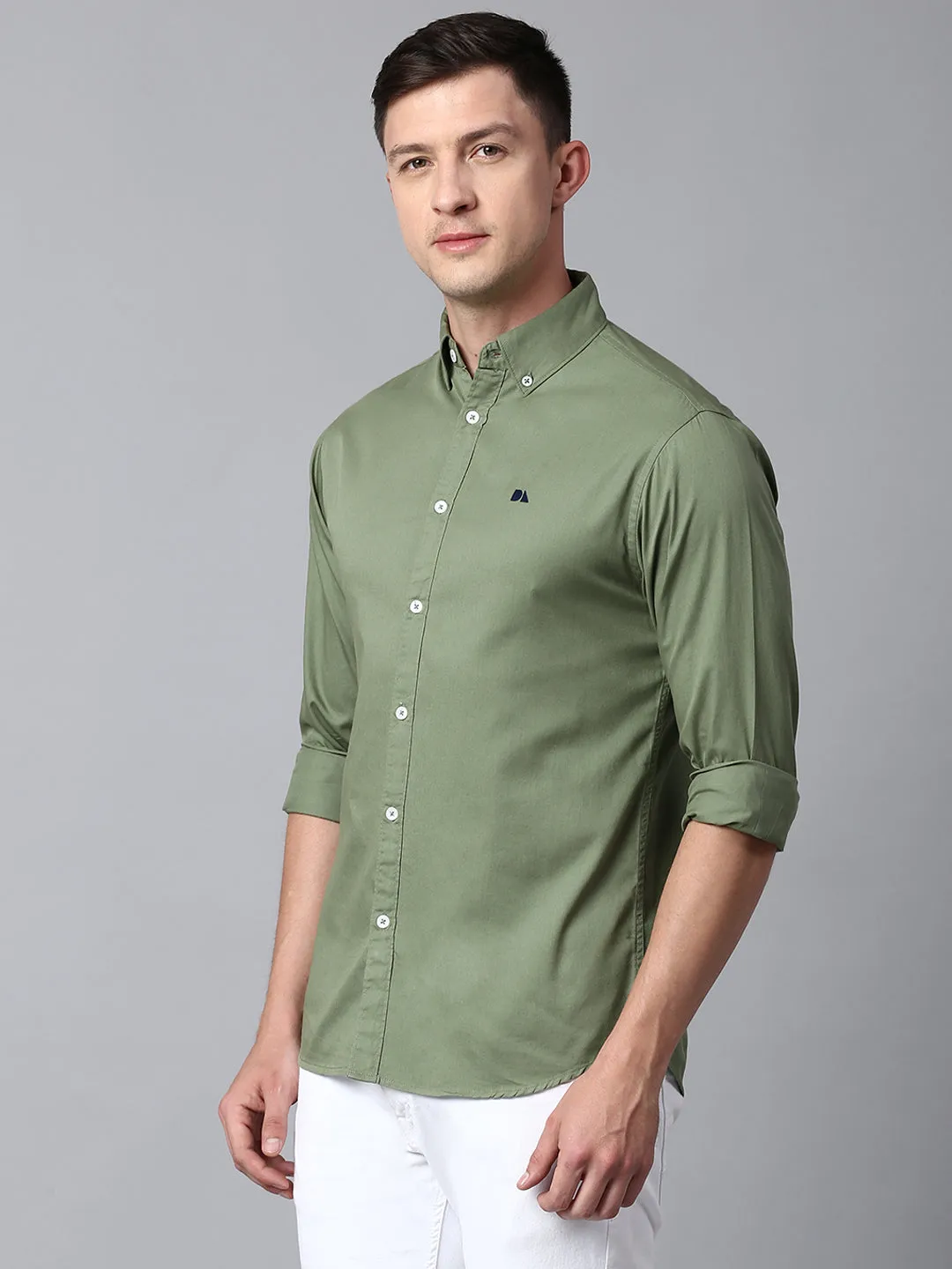 Men's Solid Dusty Green Slim Fit Casual Shirt With Button Down