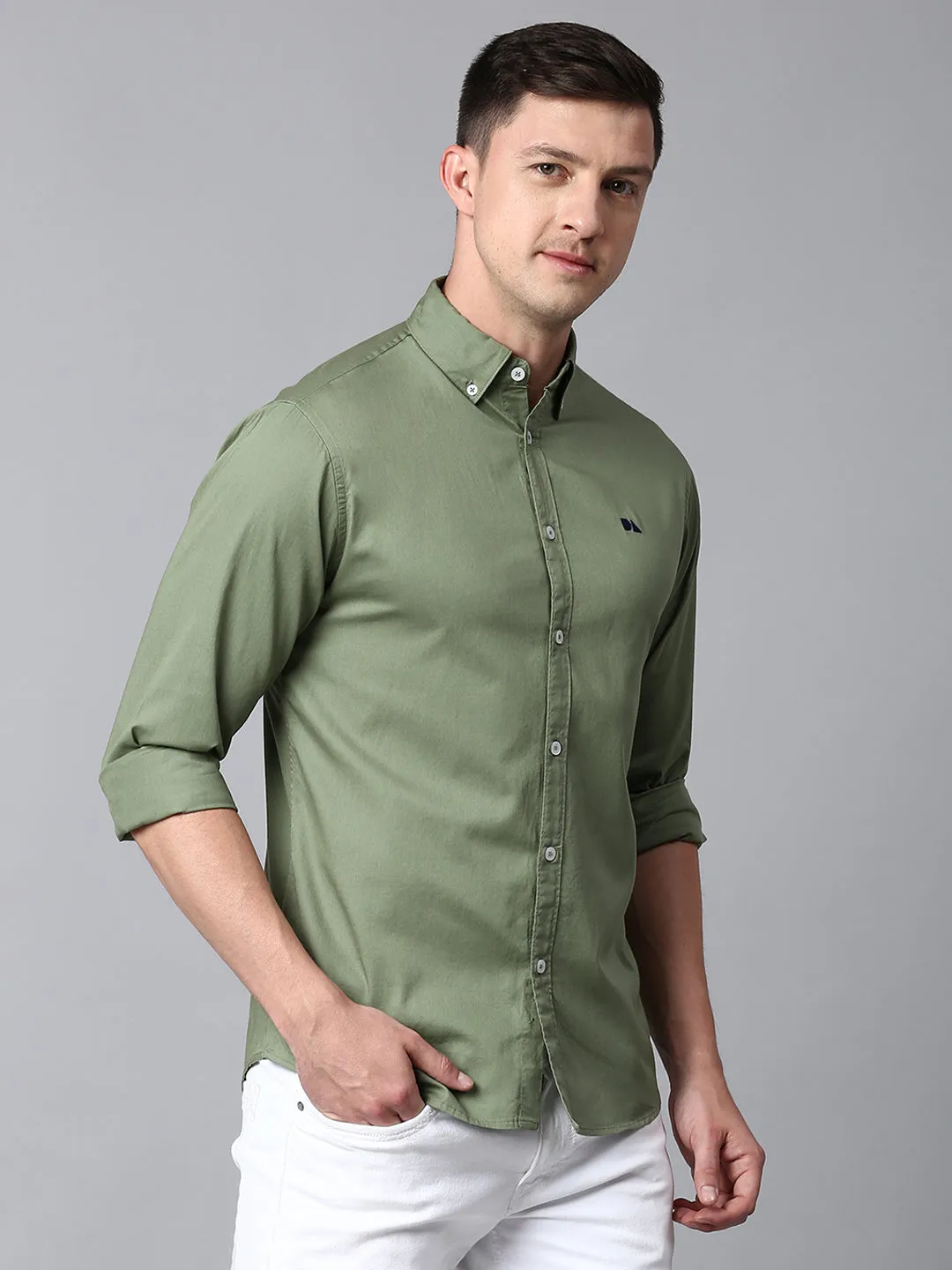 Men's Solid Dusty Green Slim Fit Casual Shirt With Button Down