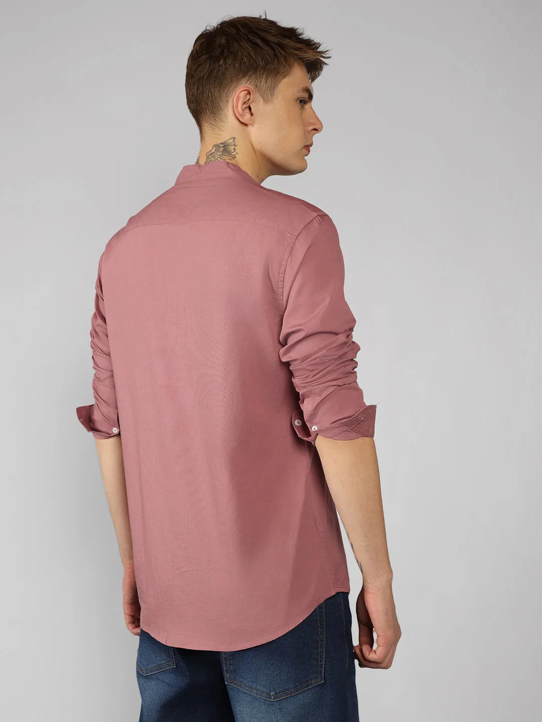 Men's Solid Mandarin Collar Dusty Pink Casual Shirt