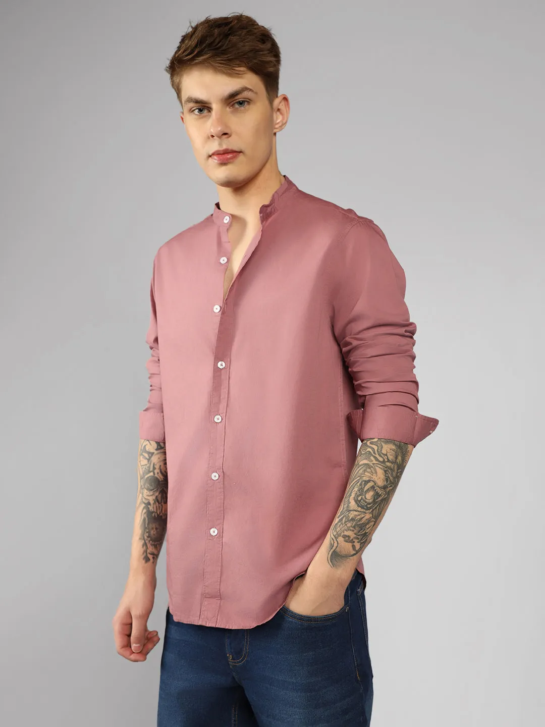 Men's Solid Mandarin Collar Dusty Pink Casual Shirt